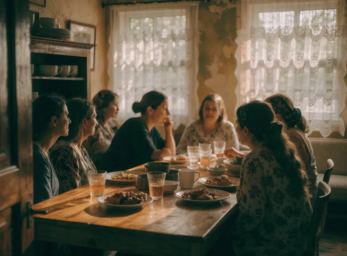 Residents sharing a meal around a sunlit table