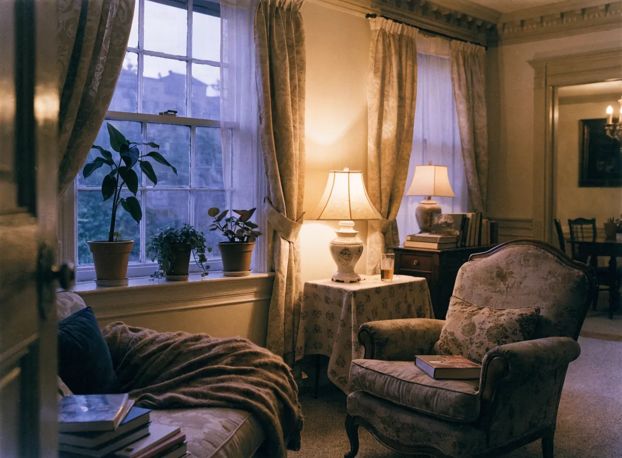 Warm, lamp-lit living room with armchair and plants